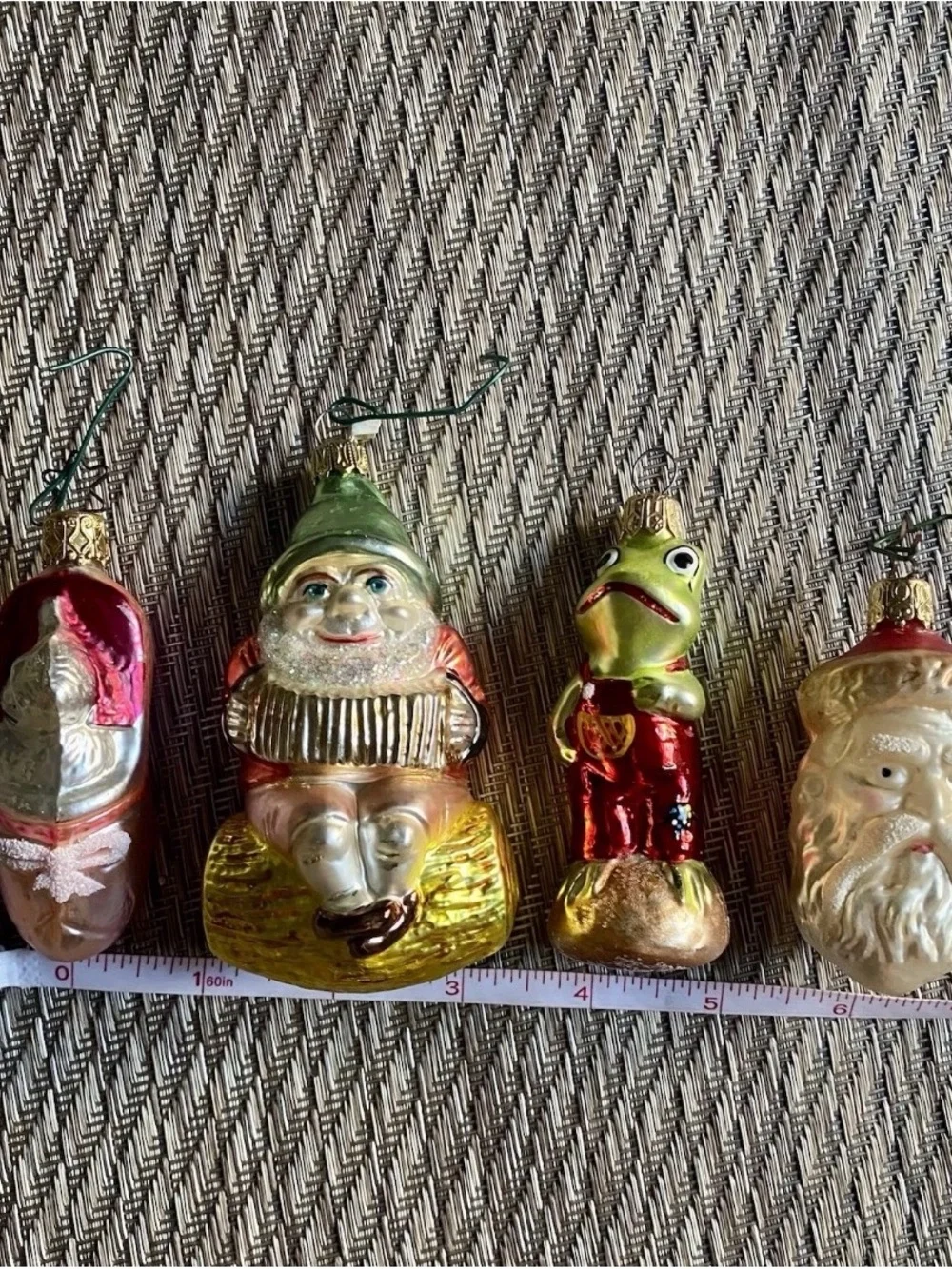 Vtg Blown Glass Ornaments Lot 4 Elf Gnome Radko Frog Santa Face  Kitten In Shoe